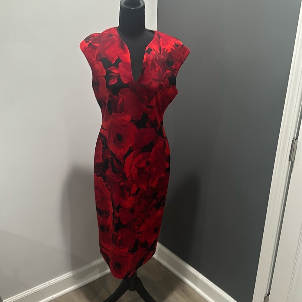 Connected Apparel Women’s Red & Black Floral Sheath Dress, Size 10